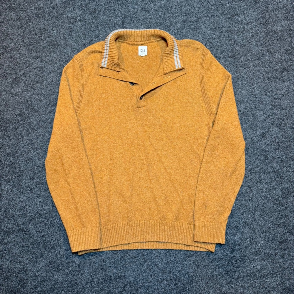 Gap Mens Orange Mustard Yellow Knit Pullover Sweater Striped Collar Size Medium